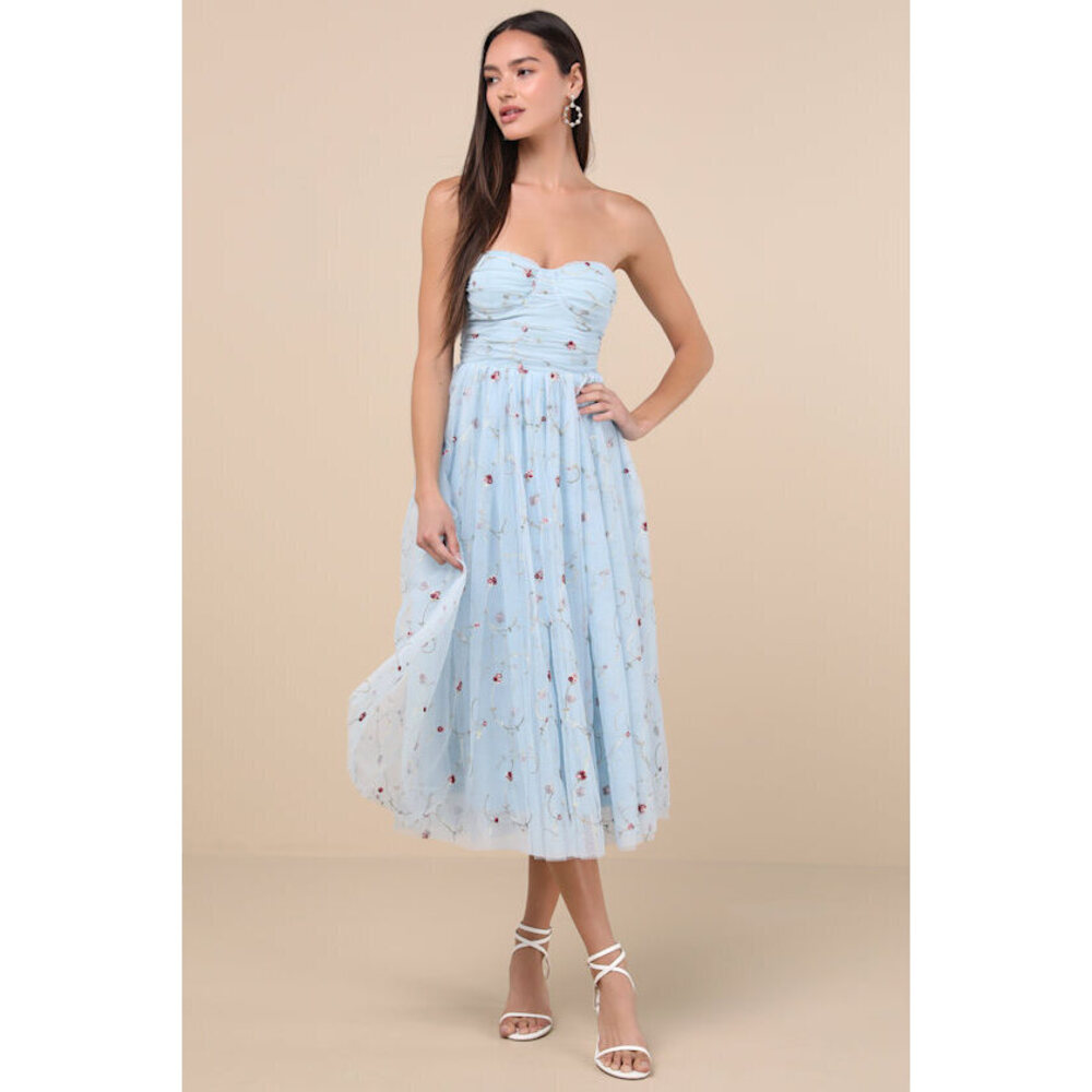 Lulus Kiley Light Blue Embroidered Strapless Midi Dress - Size M